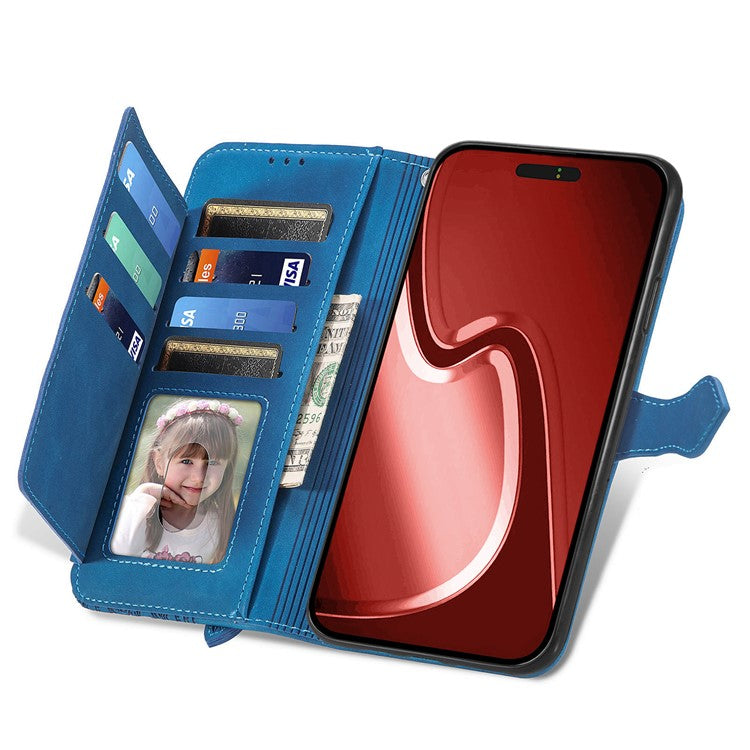 For iPhone 16 Pro Case Zipper Wallet PU Leather Flower Imprint Phone Cover - Blue
