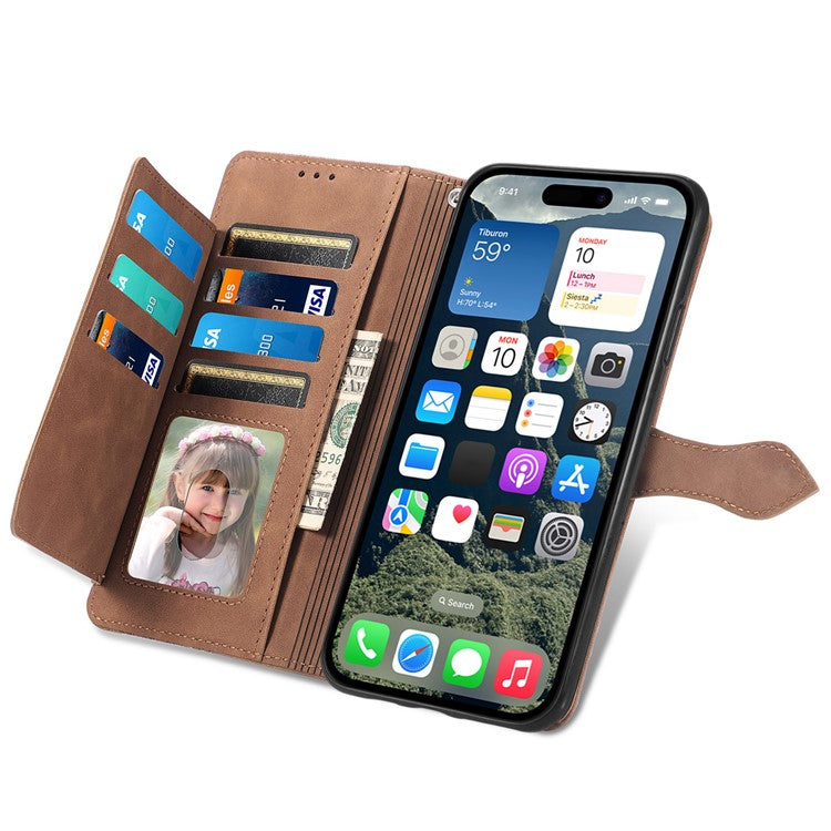 For iPhone 16 Case Zipper Wallet PU Leather Flower Imprint Phone Cover - Brown