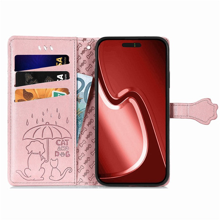 For iPhone 16 Pro Case Leather Wallet Flip Phone Cover Cute Cat Dog Pattern - Rose Gold