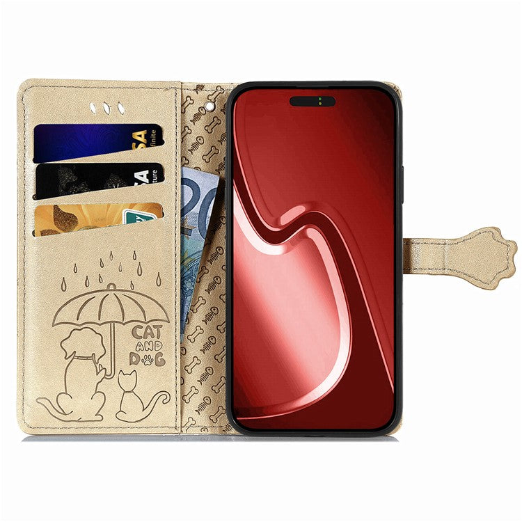 For iPhone 16 Pro Case Leather Wallet Flip Phone Cover Cute Cat Dog Pattern - Gold