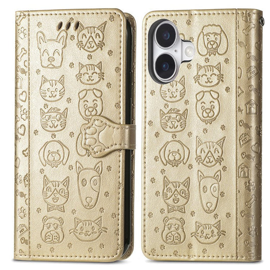 For iPhone 16 Case Leather Wallet Flip Phone Cover Cute Cat Dog Pattern - Gold