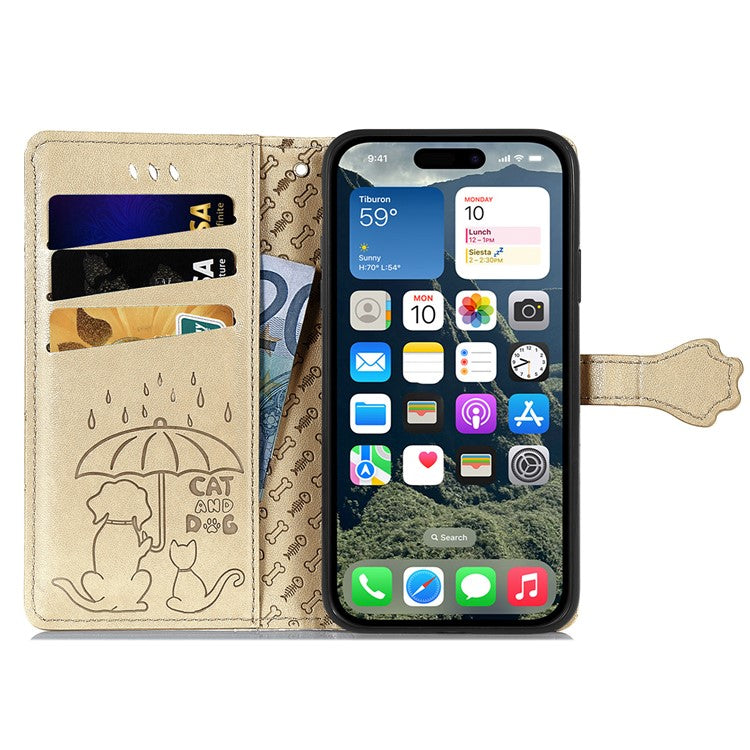For iPhone 16 Case Leather Wallet Flip Phone Cover Cute Cat Dog Pattern - Gold