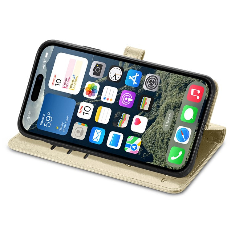 For iPhone 16 Case Leather Wallet Flip Phone Cover Cute Cat Dog Pattern - Gold