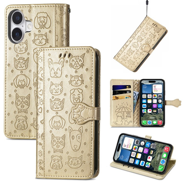 For iPhone 16 Case Leather Wallet Flip Phone Cover Cute Cat Dog Pattern - Gold