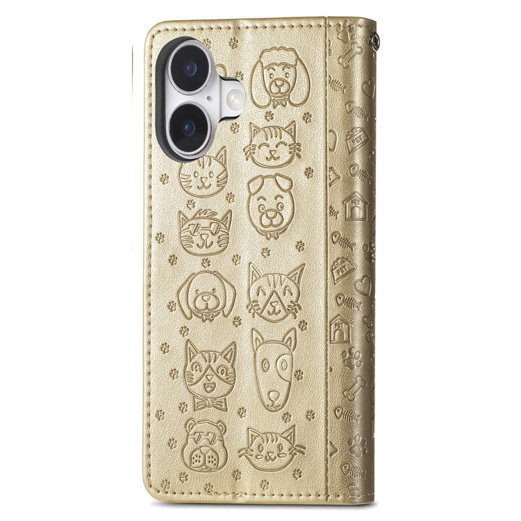 For iPhone 16 Case Leather Wallet Flip Phone Cover Cute Cat Dog Pattern - Gold