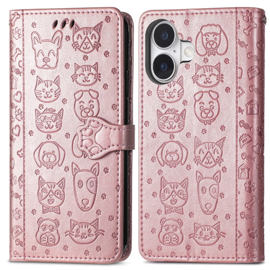 For iPhone 16 Case Leather Wallet Flip Phone Cover Cute Cat Dog Pattern - Rose Gold