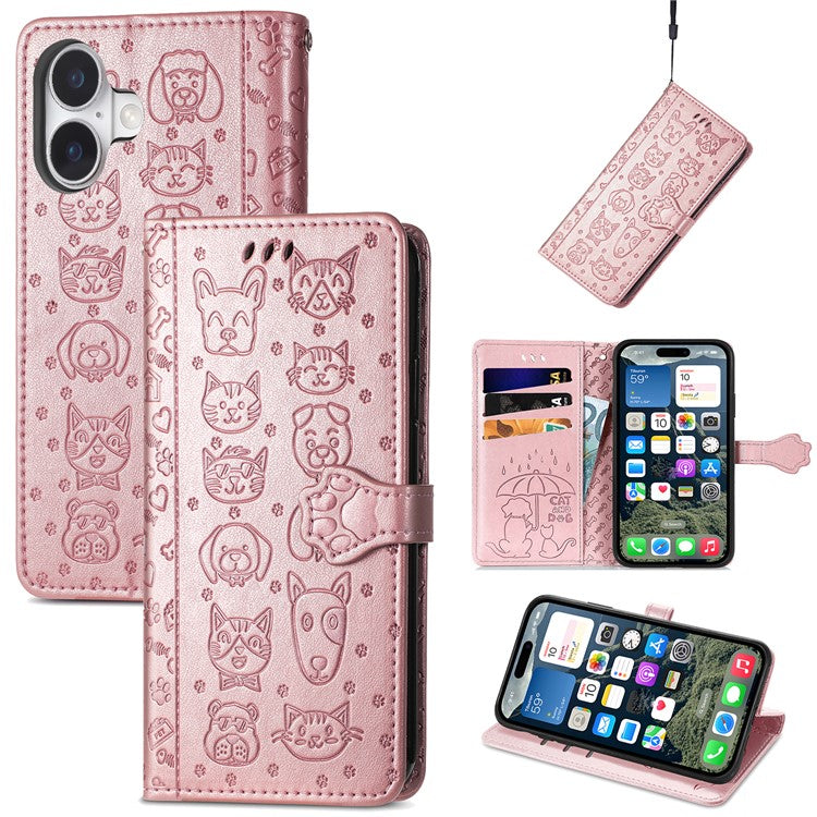 For iPhone 16 Case Leather Wallet Flip Phone Cover Cute Cat Dog Pattern - Rose Gold