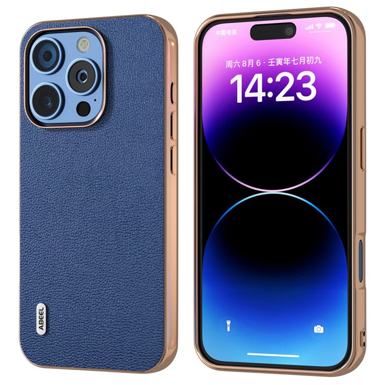 ABEEL For iPhone 16 Pro Case Electroplating Edge Genuine Cow Leather Coated PC+TPU Phone Cover - Blue
