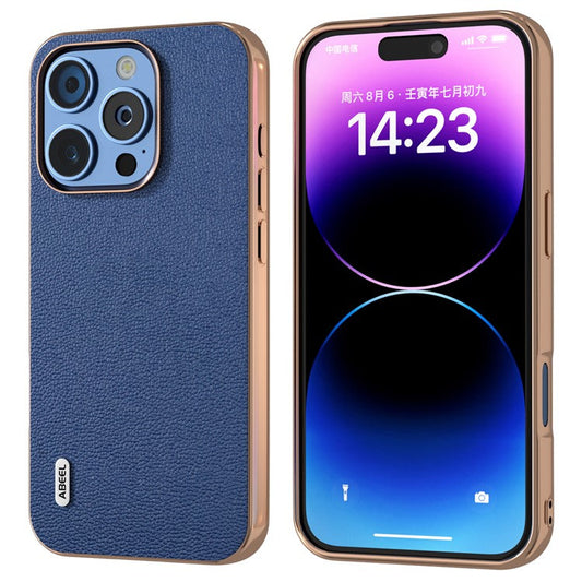 ABEEL For iPhone 16 Pro Case Electroplating Edge Genuine Cow Leather Coated PC+TPU Phone Cover - Blue