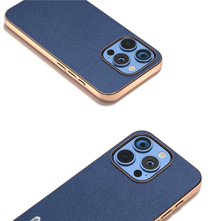 ABEEL For iPhone 16 Pro Case Electroplating Edge Genuine Cow Leather Coated PC+TPU Phone Cover - Blue