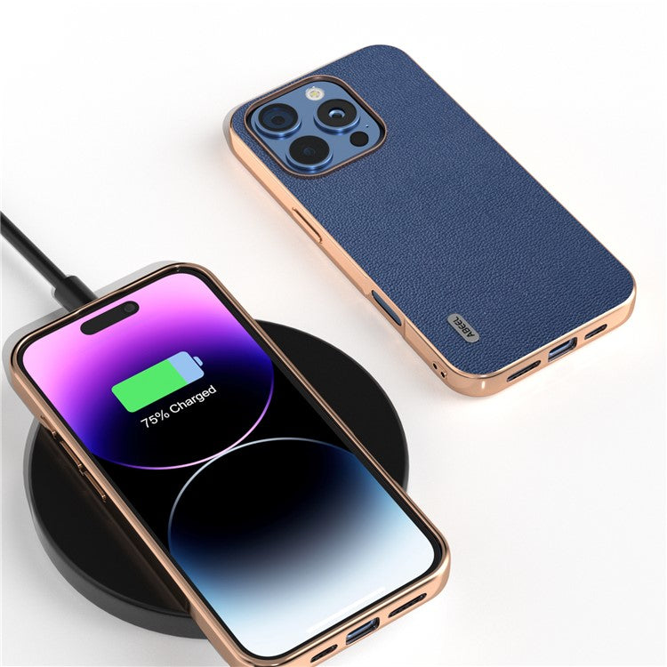 ABEEL For iPhone 16 Pro Case Electroplating Edge Genuine Cow Leather Coated PC+TPU Phone Cover - Blue