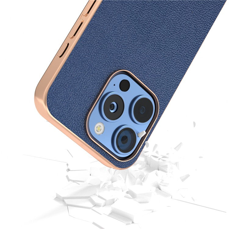 ABEEL For iPhone 16 Pro Case Electroplating Edge Genuine Cow Leather Coated PC+TPU Phone Cover - Blue