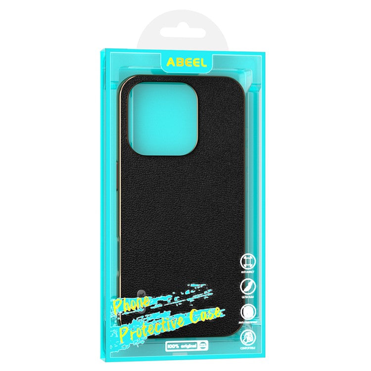 ABEEL For iPhone 16 Pro Case Electroplating Edge Genuine Cow Leather Coated PC+TPU Phone Cover - Blue