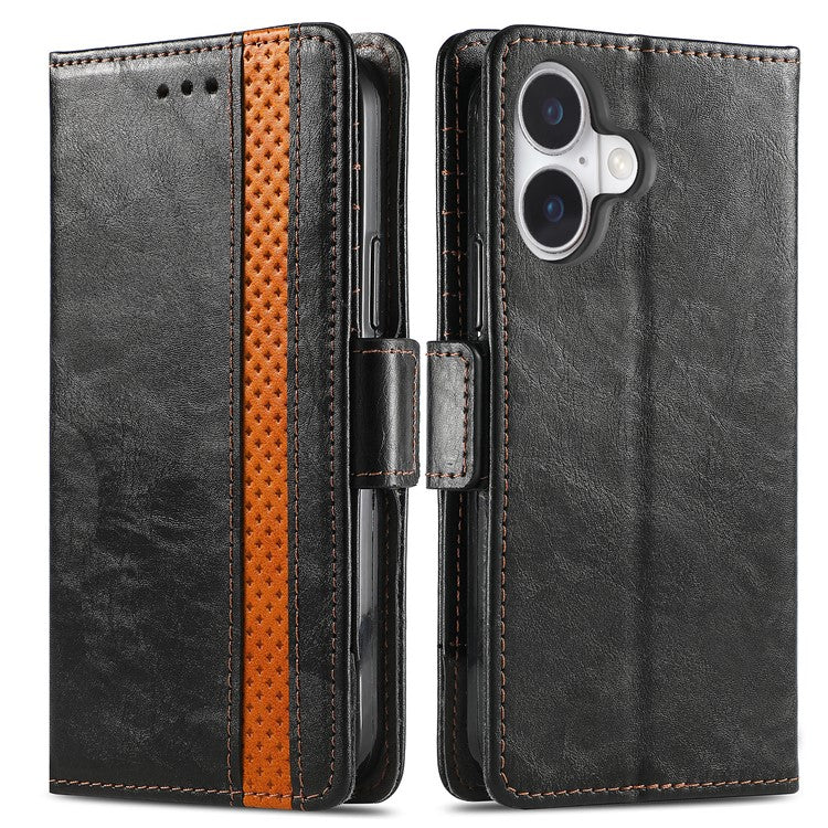 CASENEO 002 Series For iPhone 16 Plus Case Stand Wallet Splicing PU Leather Cover - Black