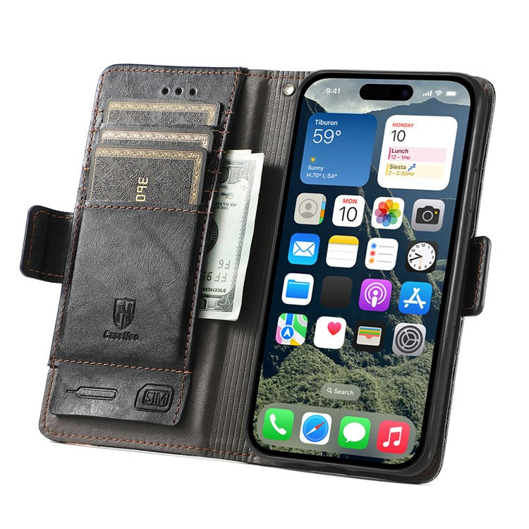 CASENEO 002 Series For iPhone 16 Plus Case Stand Wallet Splicing PU Leather Cover - Black