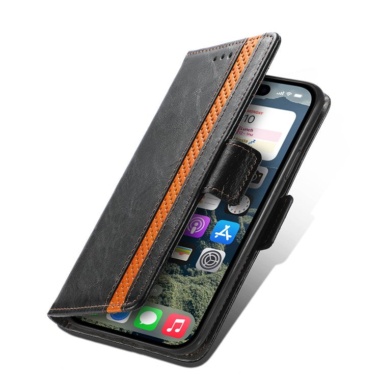 CASENEO 002 Series For iPhone 16 Plus Case Stand Wallet Splicing PU Leather Cover - Black