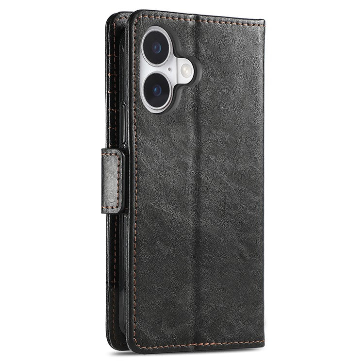 CASENEO 002 Series For iPhone 16 Plus Case Stand Wallet Splicing PU Leather Cover - Black
