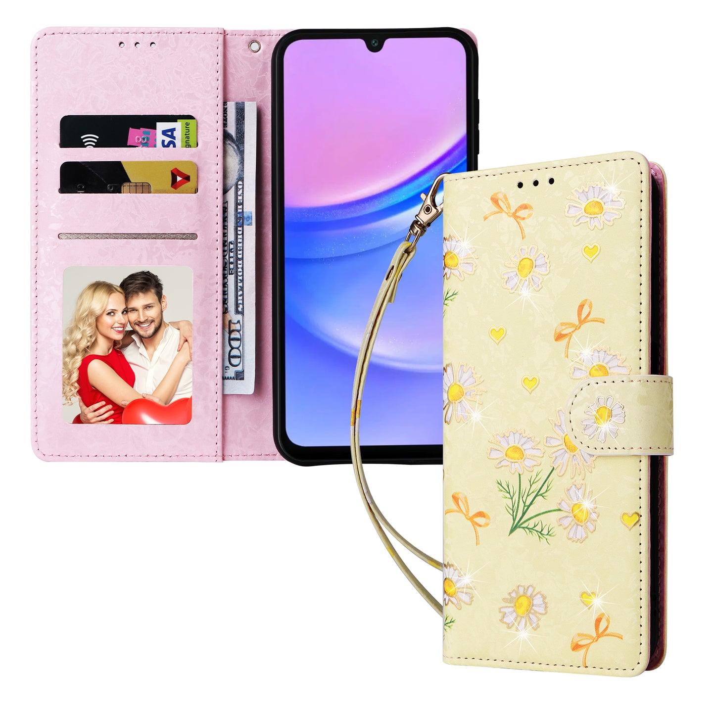 For Samsung Galaxy A16 5G / A16 4G Case RFID Blocking Flower Leather Phone Cover - Yellow Daisy