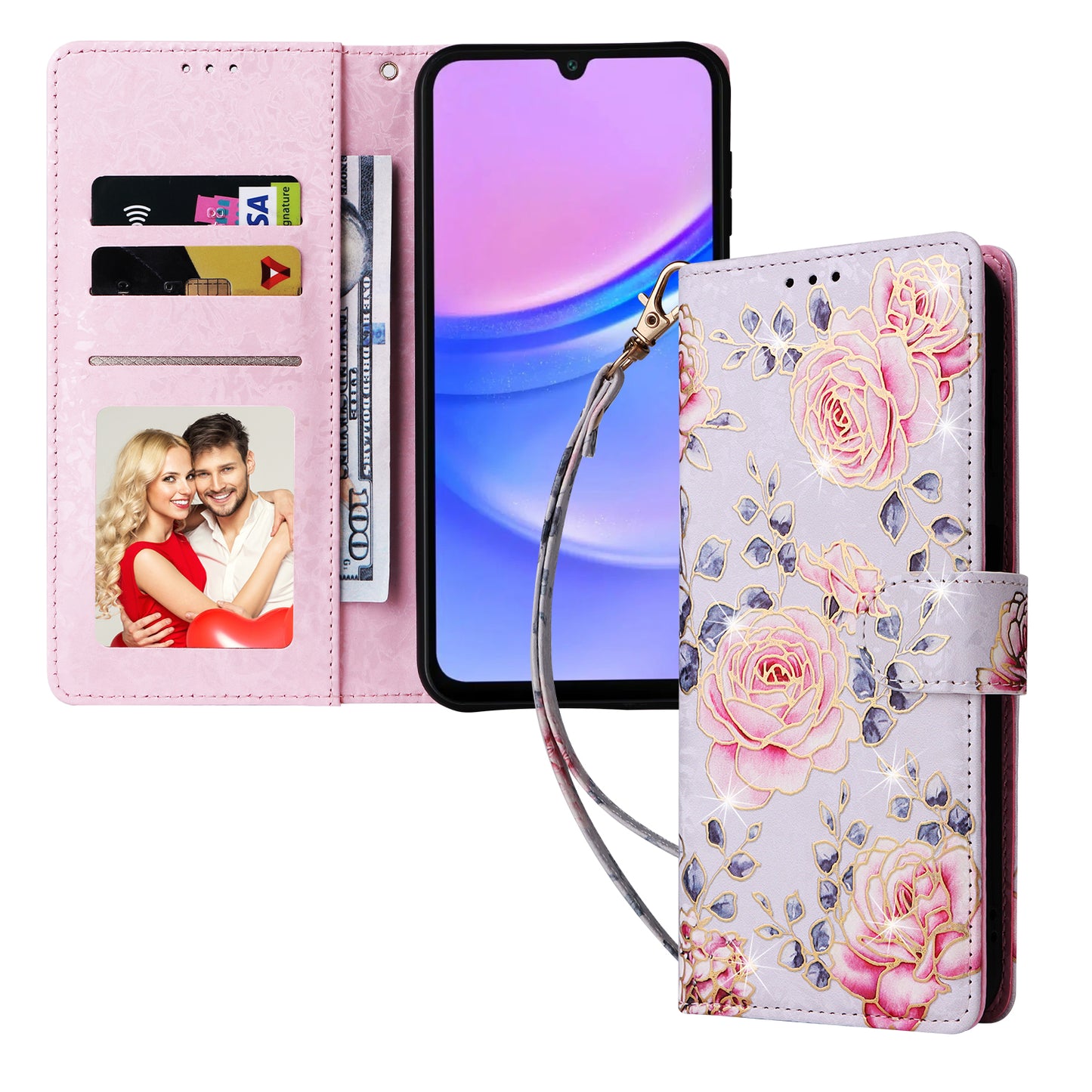 For Samsung Galaxy A16 5G / A16 4G Case RFID Blocking Flower Leather Phone Cover - Rose Flower