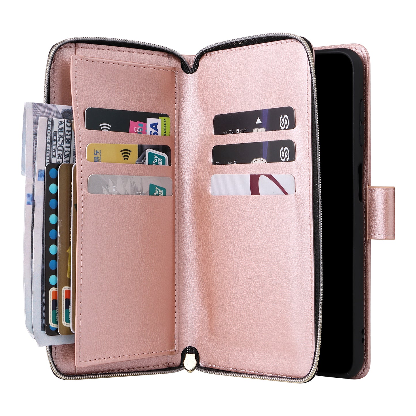 For Samsung Galaxy A16 5G / A16 4G Case Zipper Pocket PU Leather Phone Cover with Hand Strap - Rose Gold