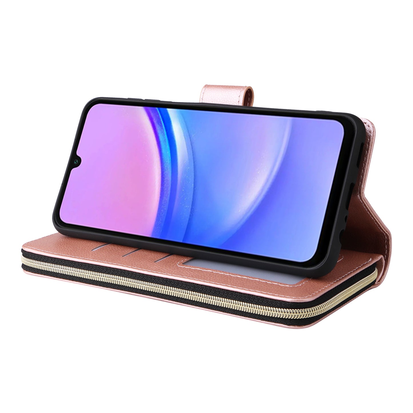 For Samsung Galaxy A16 5G / A16 4G Case Zipper Pocket PU Leather Phone Cover with Hand Strap - Rose Gold