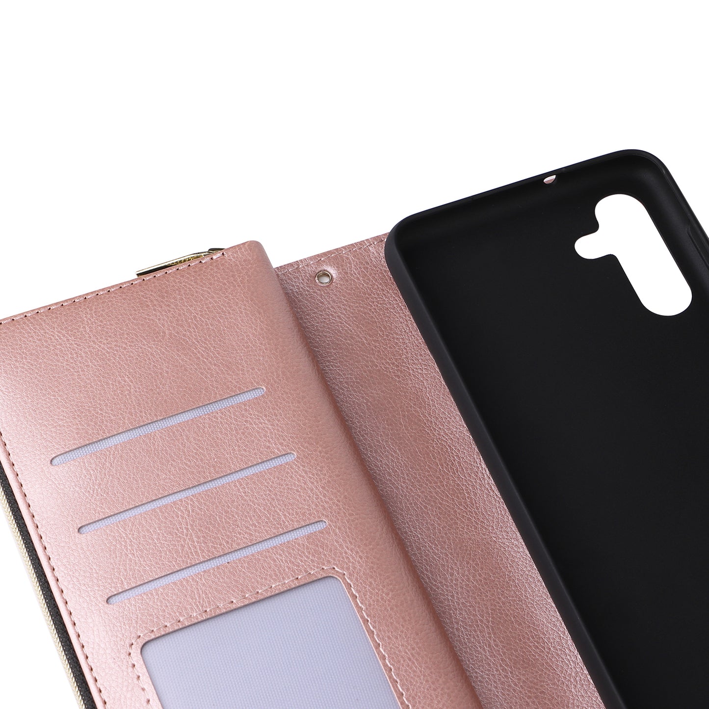 For Samsung Galaxy A16 5G / A16 4G Case Zipper Pocket PU Leather Phone Cover with Hand Strap - Rose Gold