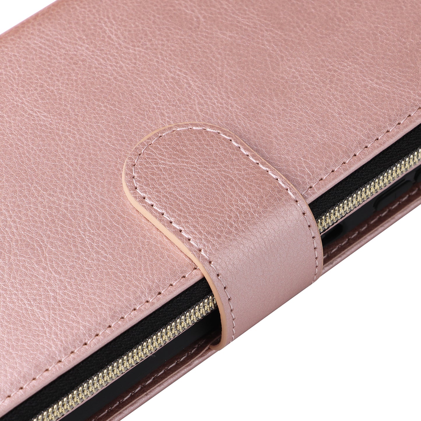 For Samsung Galaxy A16 5G / A16 4G Case Zipper Pocket PU Leather Phone Cover with Hand Strap - Rose Gold