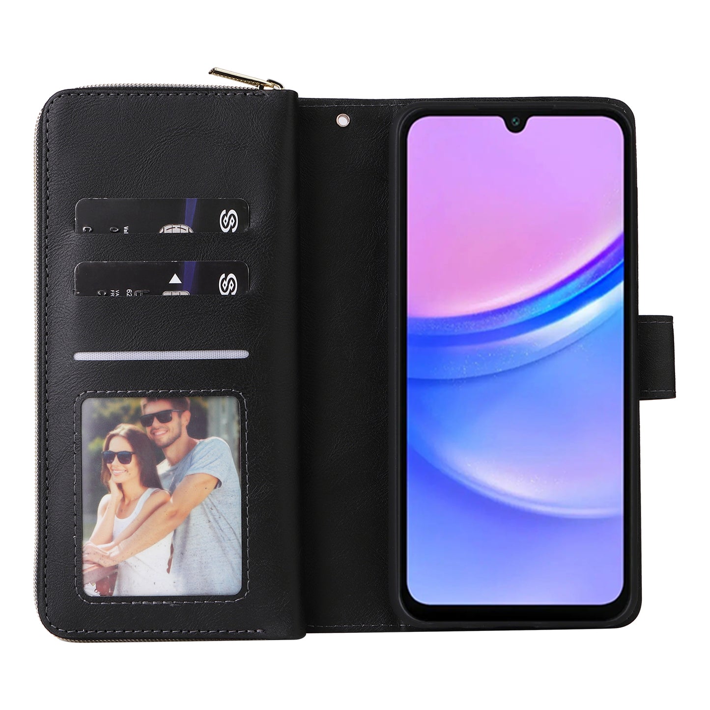 For Samsung Galaxy A16 5G / A16 4G Case Zipper Pocket PU Leather Phone Cover with Hand Strap - Black