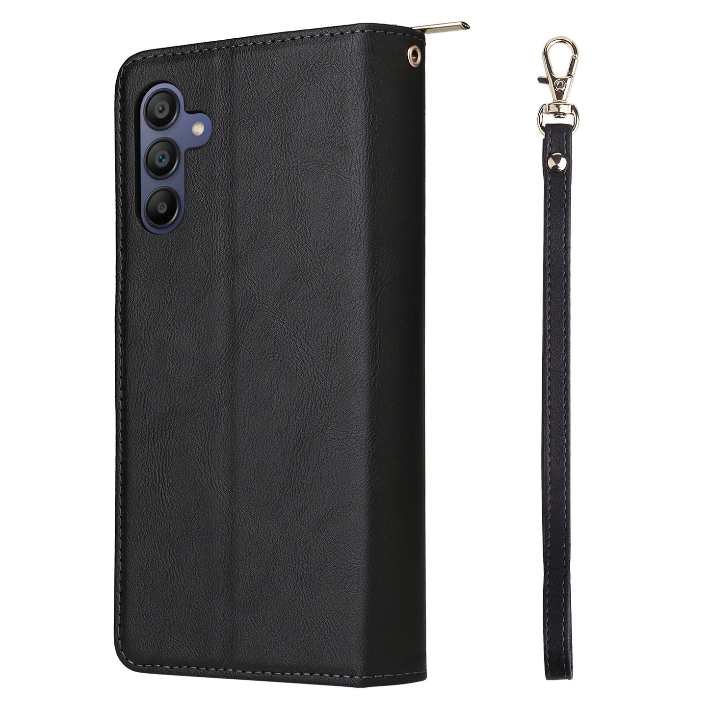 For Samsung Galaxy A16 5G / A16 4G Case Zipper Pocket PU Leather Phone Cover with Hand Strap - Black