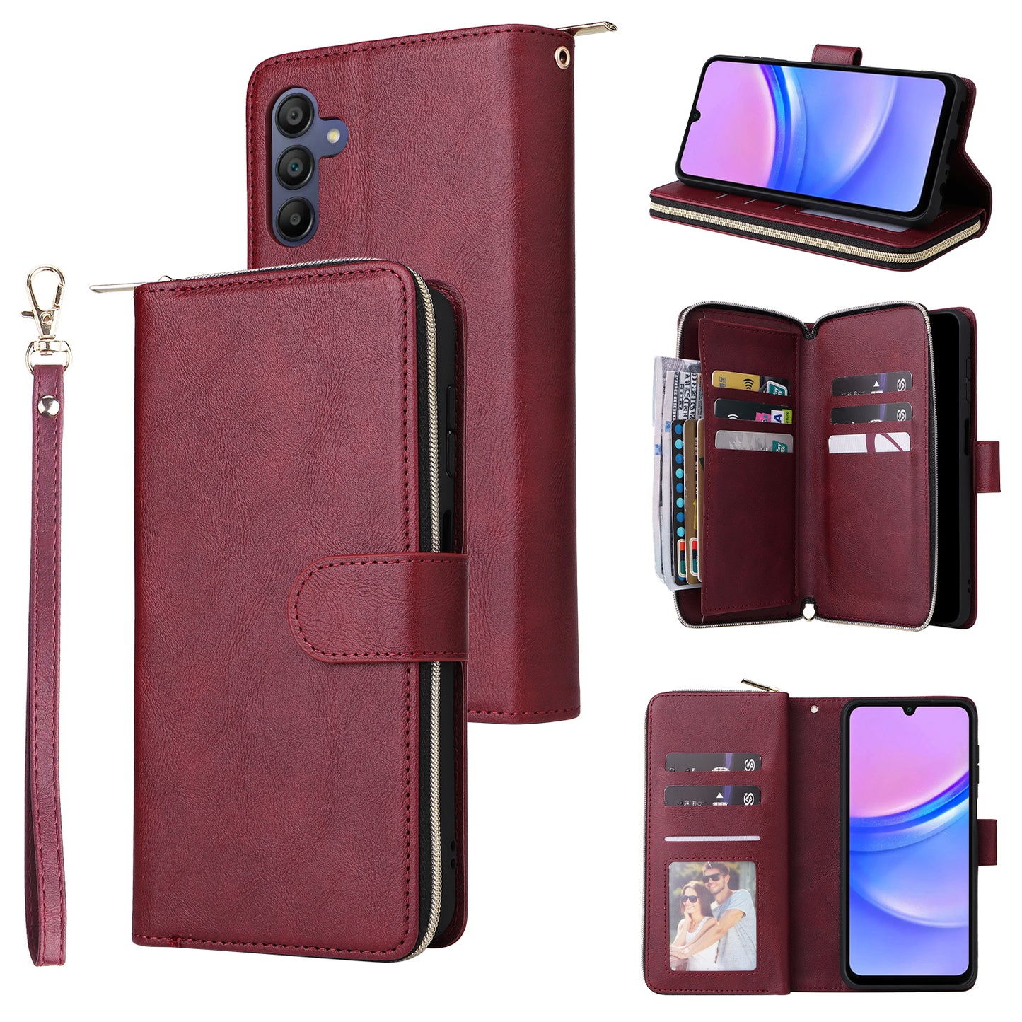 For Samsung Galaxy A16 5G / A16 4G Case Zipper Pocket PU Leather Phone Cover with Hand Strap - Wine Red