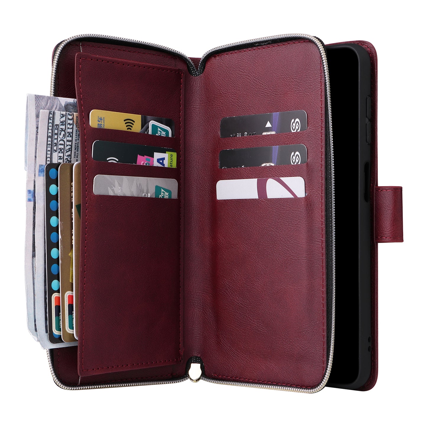 For Samsung Galaxy A16 5G / A16 4G Case Zipper Pocket PU Leather Phone Cover with Hand Strap - Wine Red