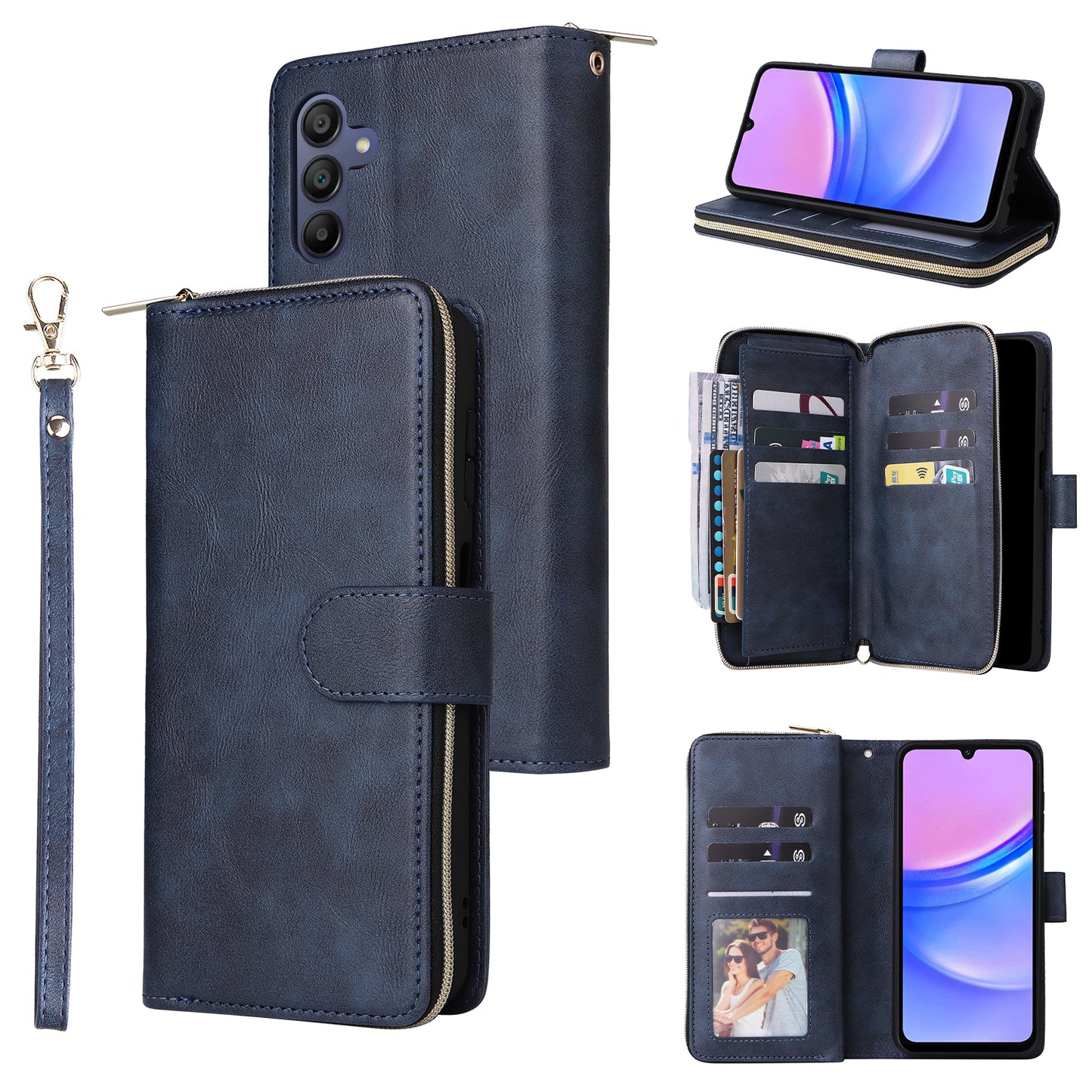 For Samsung Galaxy A16 5G / A16 4G Case Zipper Pocket PU Leather Phone Cover with Hand Strap - Blue