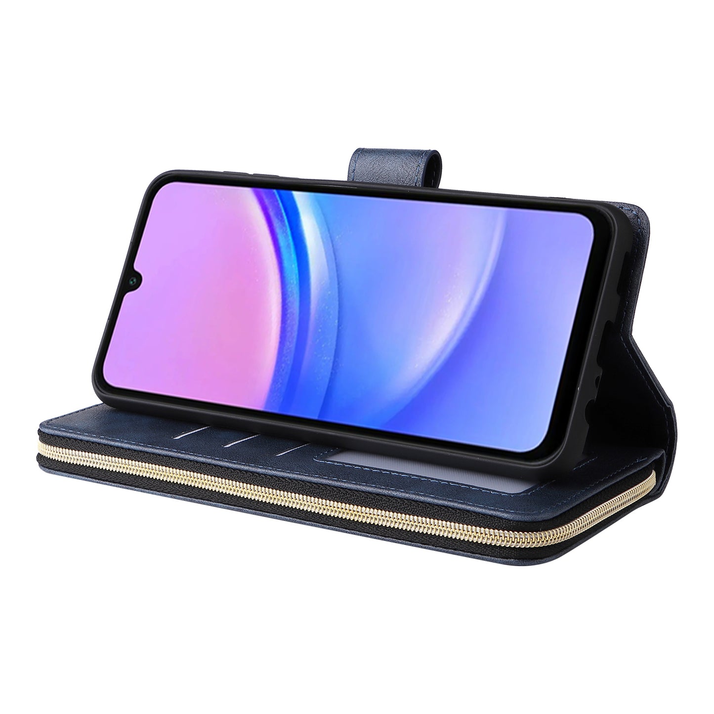 For Samsung Galaxy A16 5G / A16 4G Case Zipper Pocket PU Leather Phone Cover with Hand Strap - Blue