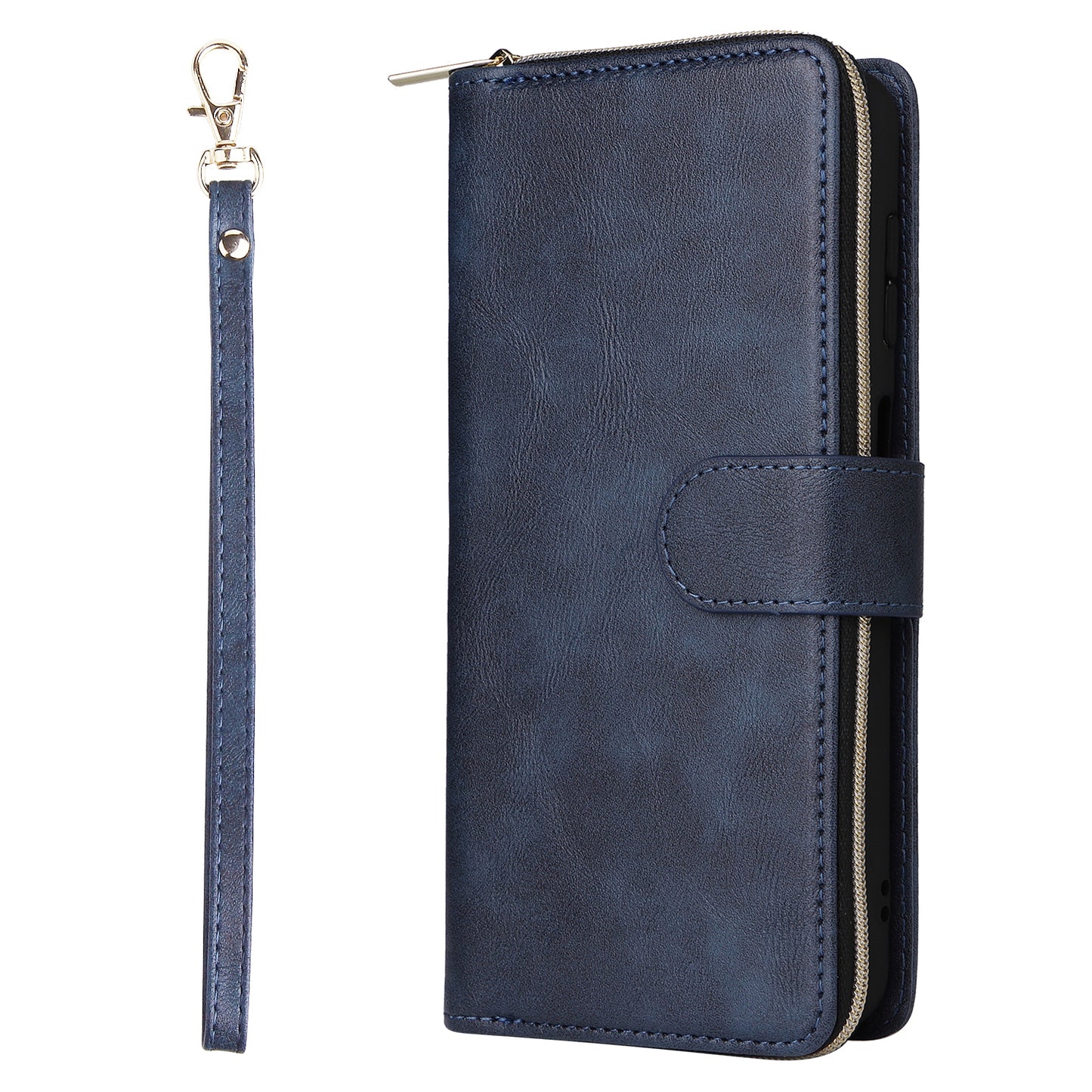 For Samsung Galaxy A16 5G / A16 4G Case Zipper Pocket PU Leather Phone Cover with Hand Strap - Blue
