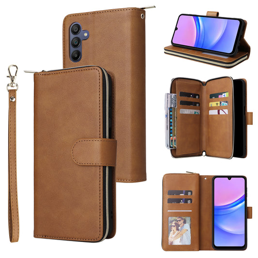 For Samsung Galaxy A16 5G / A16 4G Case Zipper Pocket PU Leather Phone Cover with Hand Strap - Brown