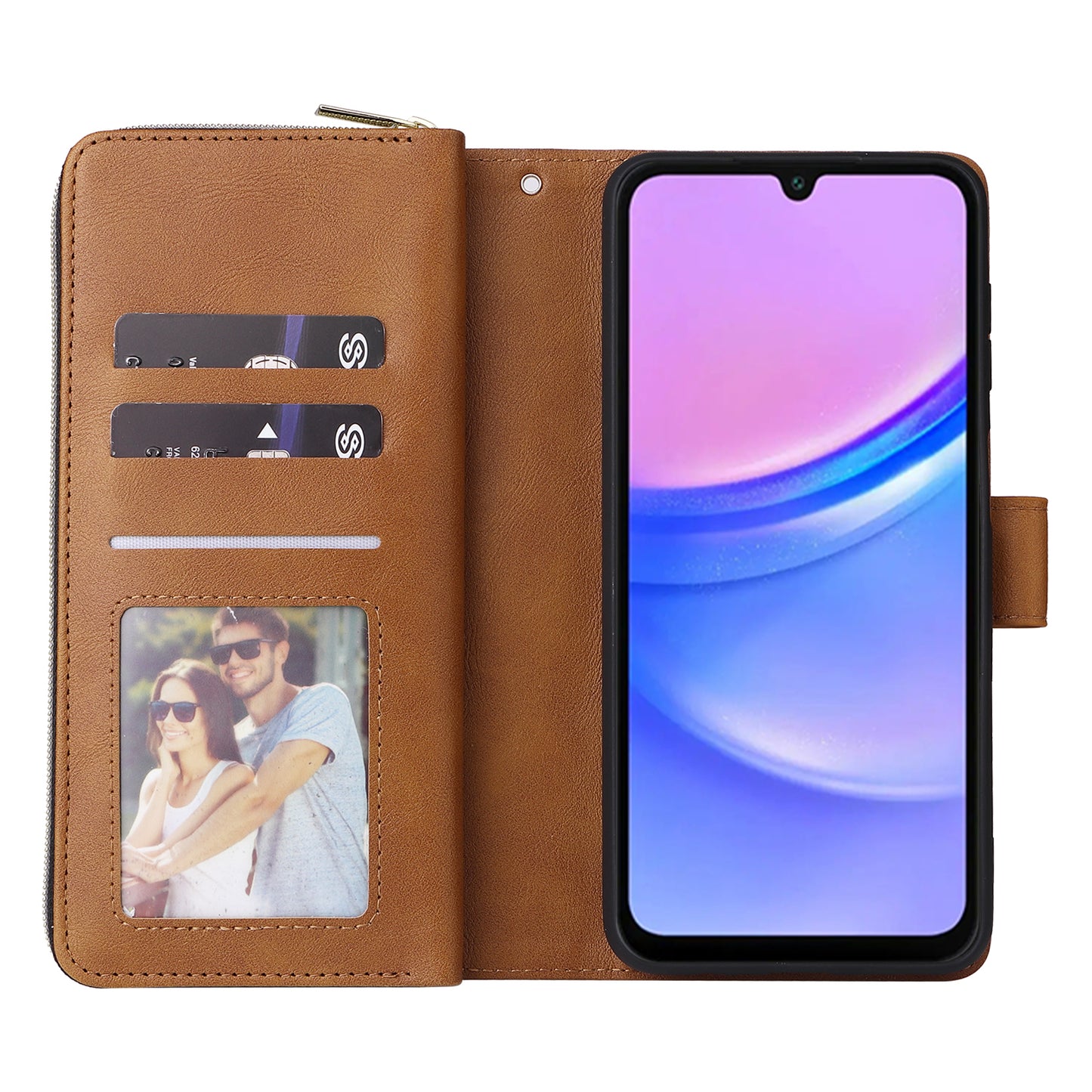 For Samsung Galaxy A16 5G / A16 4G Case Zipper Pocket PU Leather Phone Cover with Hand Strap - Brown