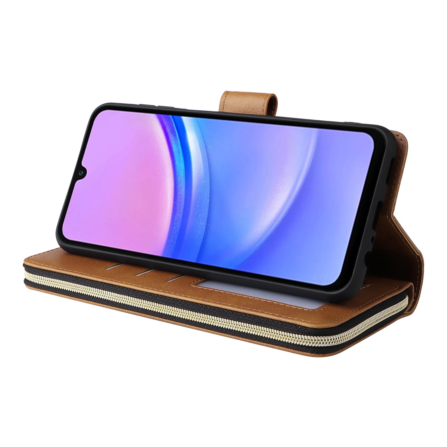 For Samsung Galaxy A16 5G / A16 4G Case Zipper Pocket PU Leather Phone Cover with Hand Strap - Brown