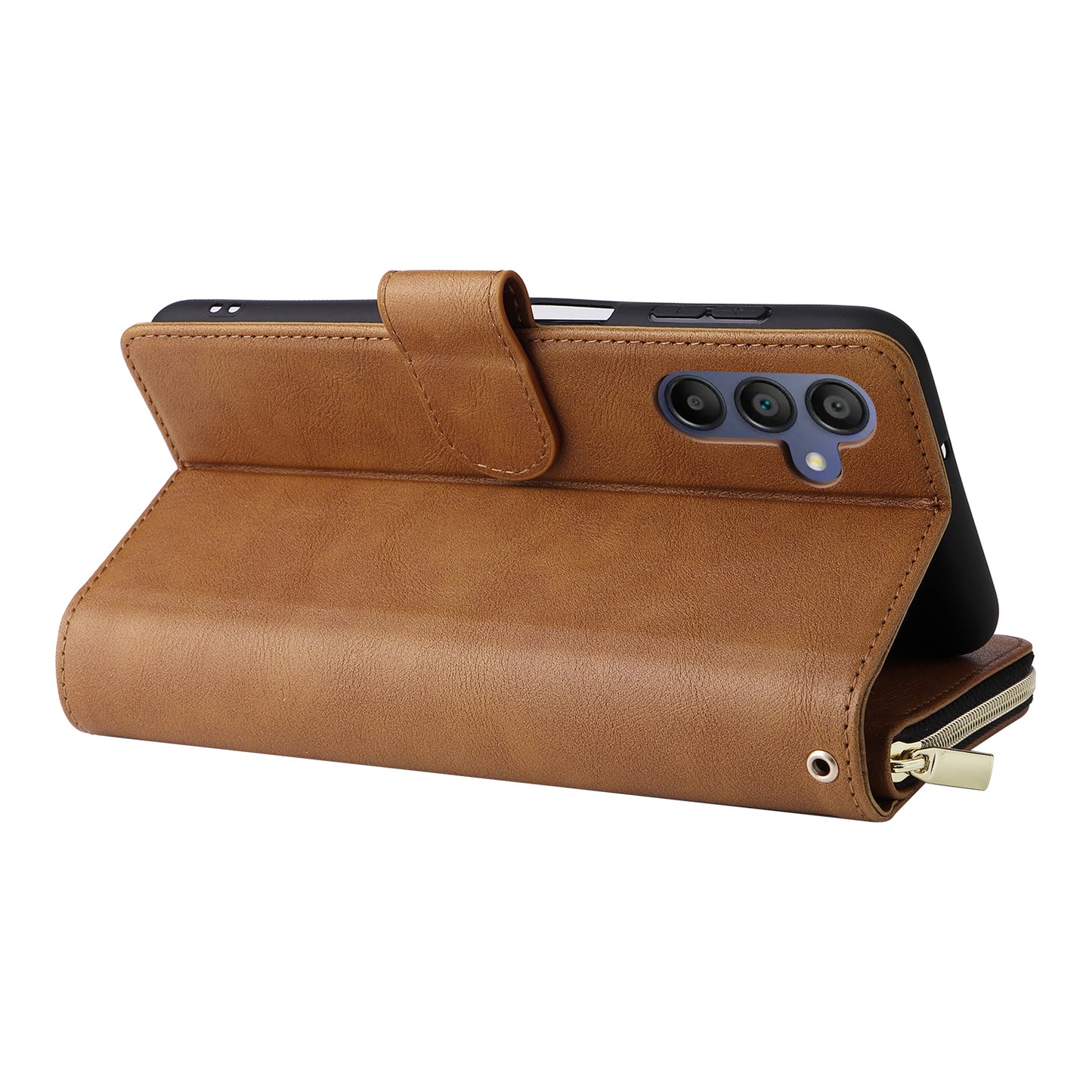 For Samsung Galaxy A16 5G / A16 4G Case Zipper Pocket PU Leather Phone Cover with Hand Strap - Brown