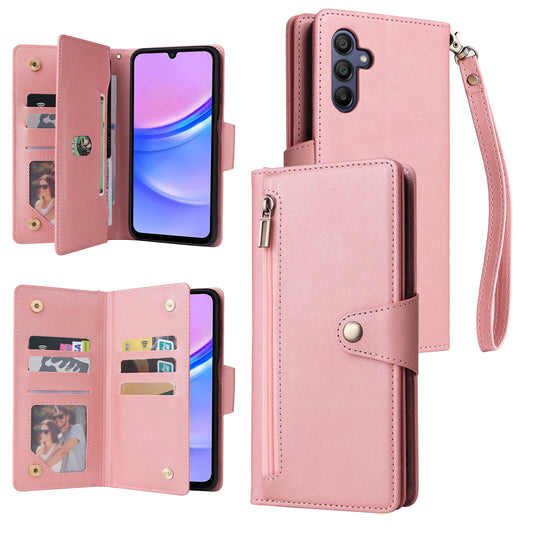 For Samsung Galaxy A16 5G / A16 4G Case Zipper Wallet Leather Stand Phone Cover Rivet Decor - Rose Gold