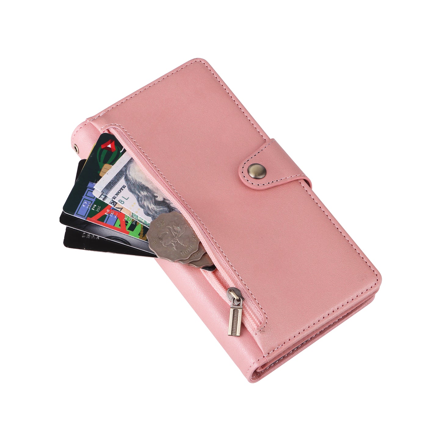For Samsung Galaxy A16 5G / A16 4G Case Zipper Wallet Leather Stand Phone Cover Rivet Decor - Rose Gold