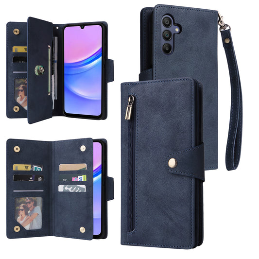 For Samsung Galaxy A16 5G / A16 4G Case Zipper Wallet Leather Stand Phone Cover Rivet Decor - Blue