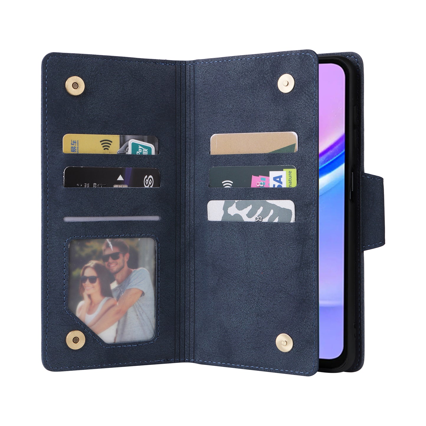 For Samsung Galaxy A16 5G / A16 4G Case Zipper Wallet Leather Stand Phone Cover Rivet Decor - Blue