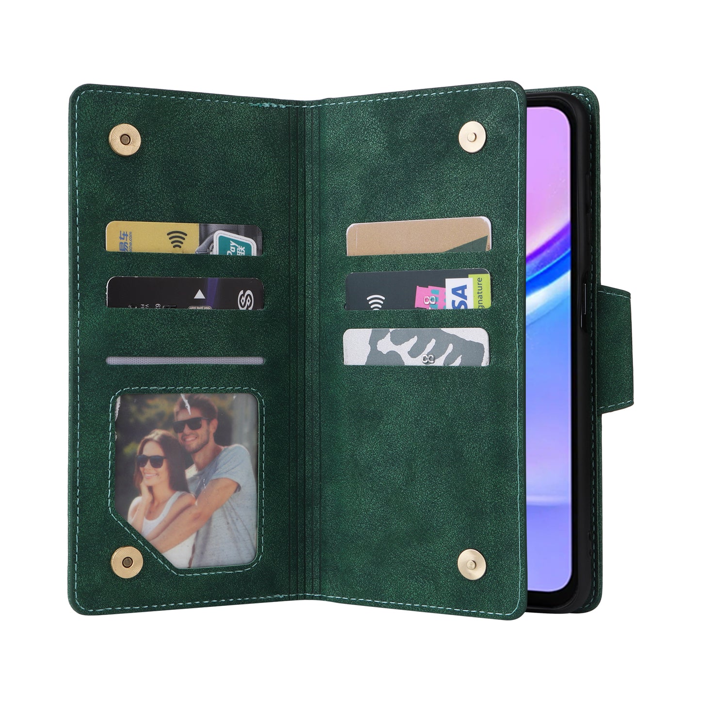 For Samsung Galaxy A16 5G / A16 4G Case Zipper Wallet Leather Stand Phone Cover Rivet Decor - Green