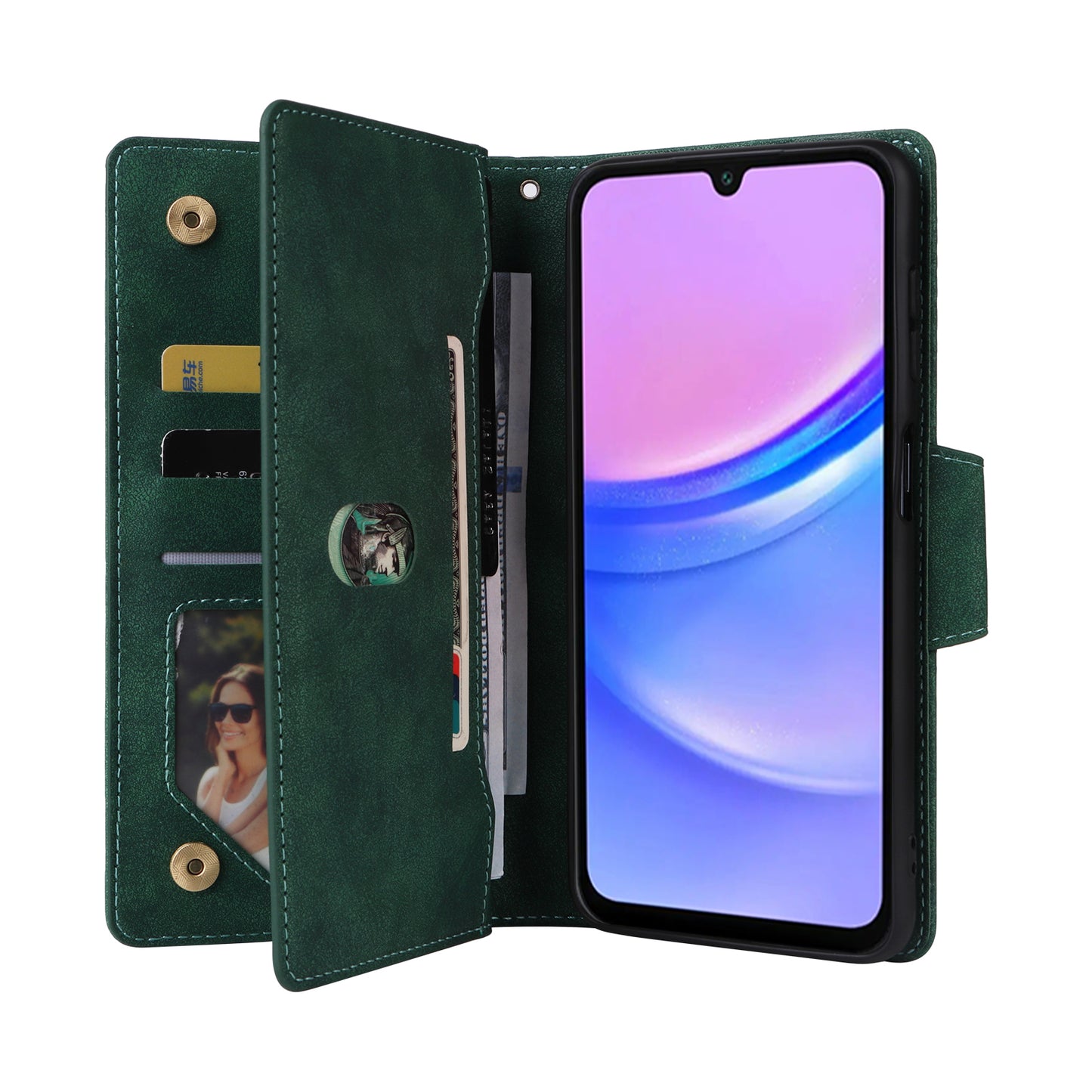 For Samsung Galaxy A16 5G / A16 4G Case Zipper Wallet Leather Stand Phone Cover Rivet Decor - Green