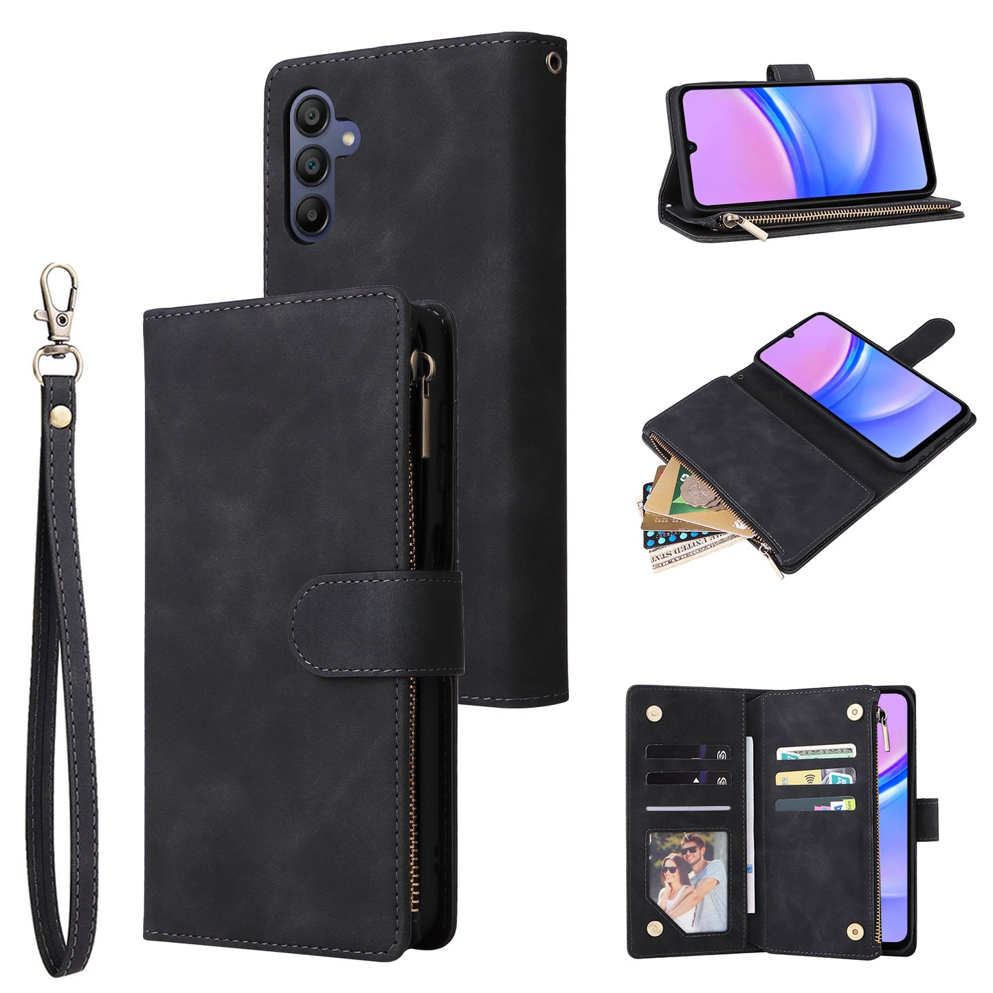 For Samsung Galaxy A16 5G / A16 4G Case Zipper Wallet Multiple Card Slots Leather Phone Cover - Black