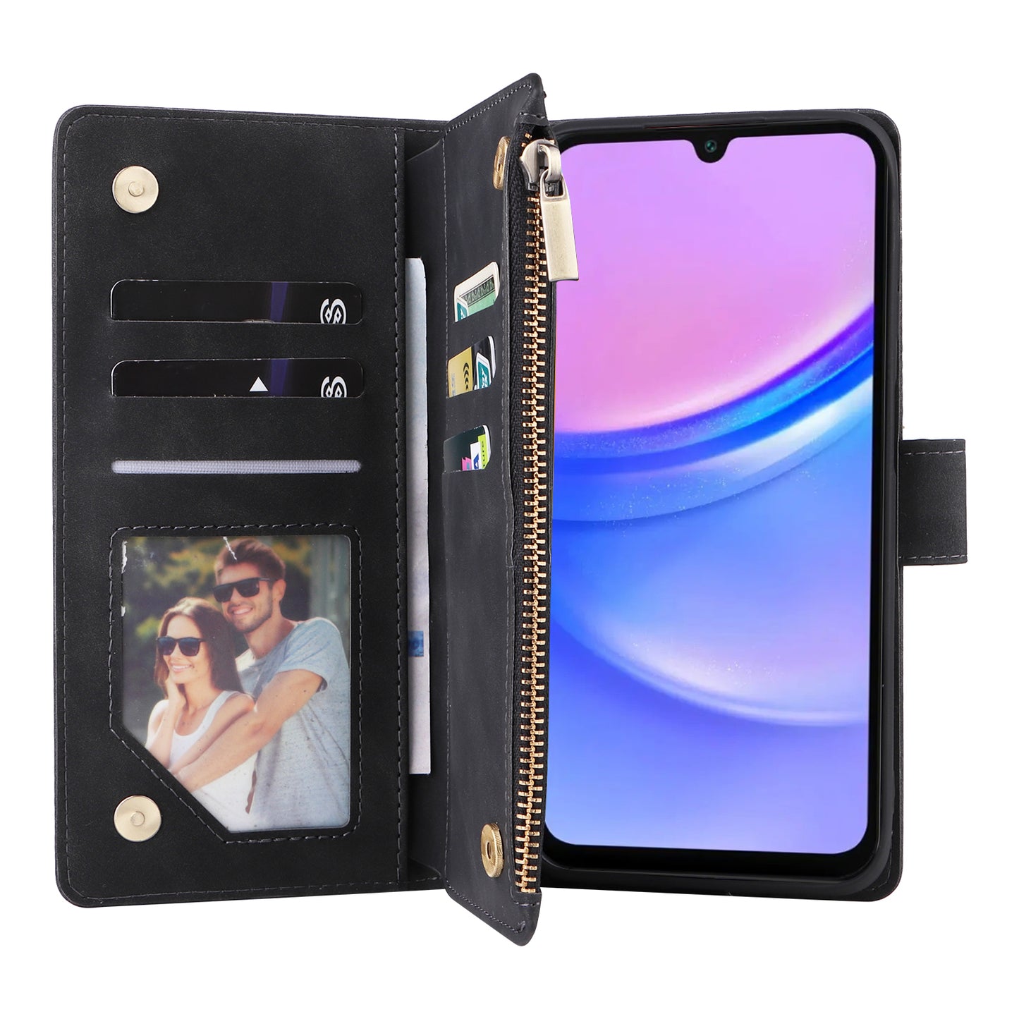 For Samsung Galaxy A16 5G / A16 4G Case Zipper Wallet Multiple Card Slots Leather Phone Cover - Black