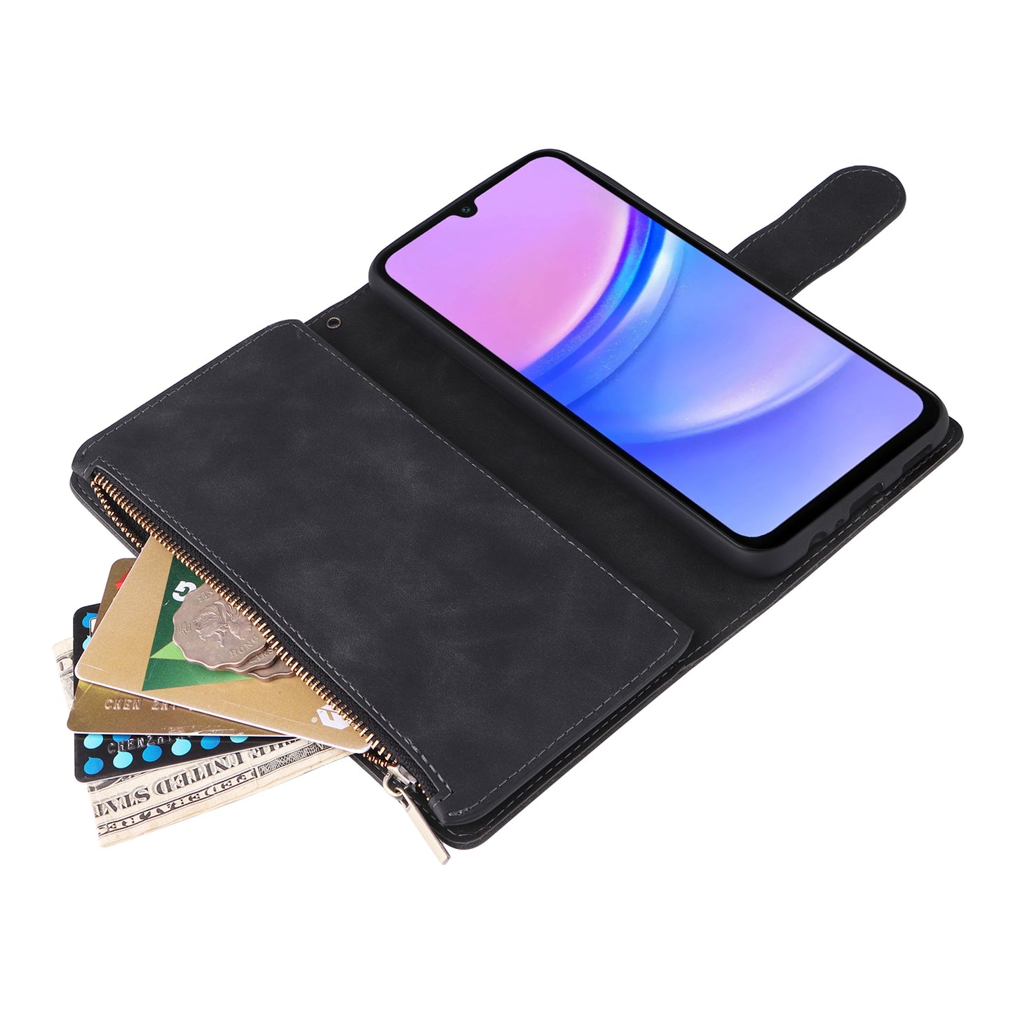 For Samsung Galaxy A16 5G / A16 4G Case Zipper Wallet Multiple Card Slots Leather Phone Cover - Black