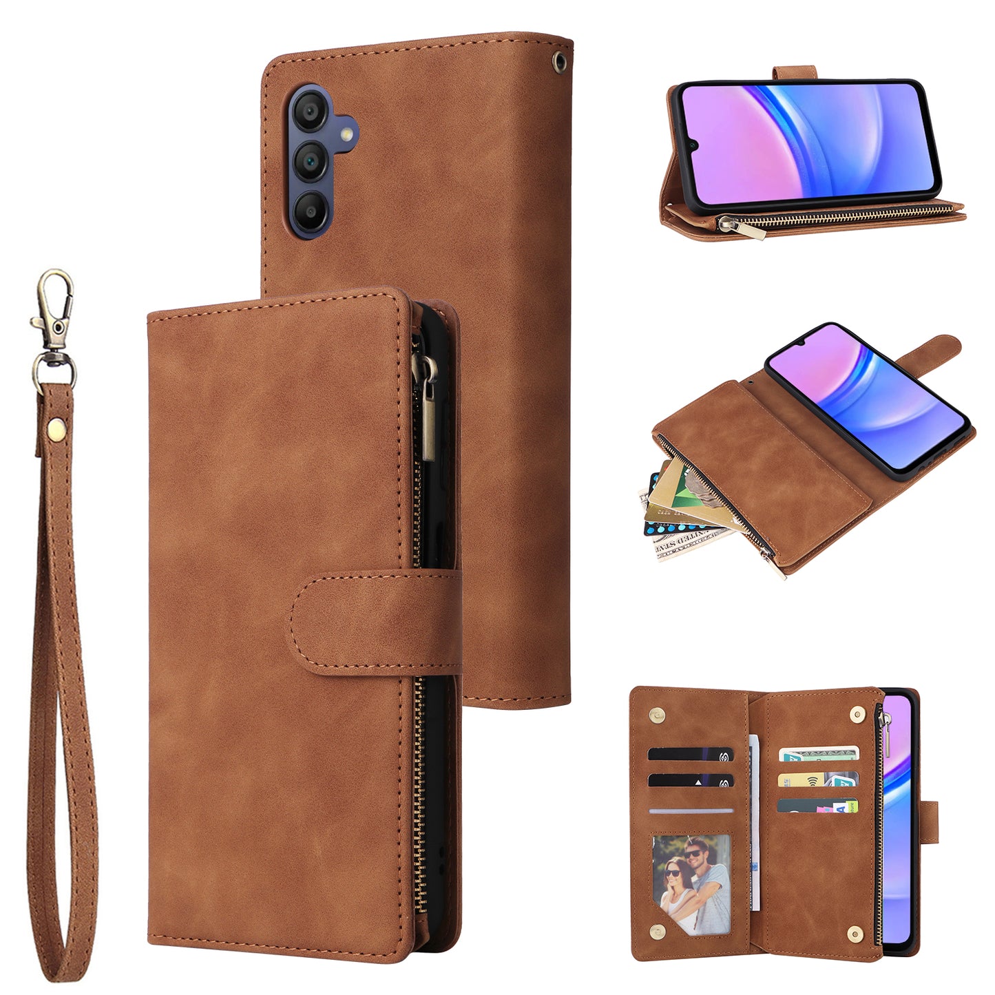 For Samsung Galaxy A16 5G / A16 4G Case Zipper Wallet Multiple Card Slots Leather Phone Cover - Brown