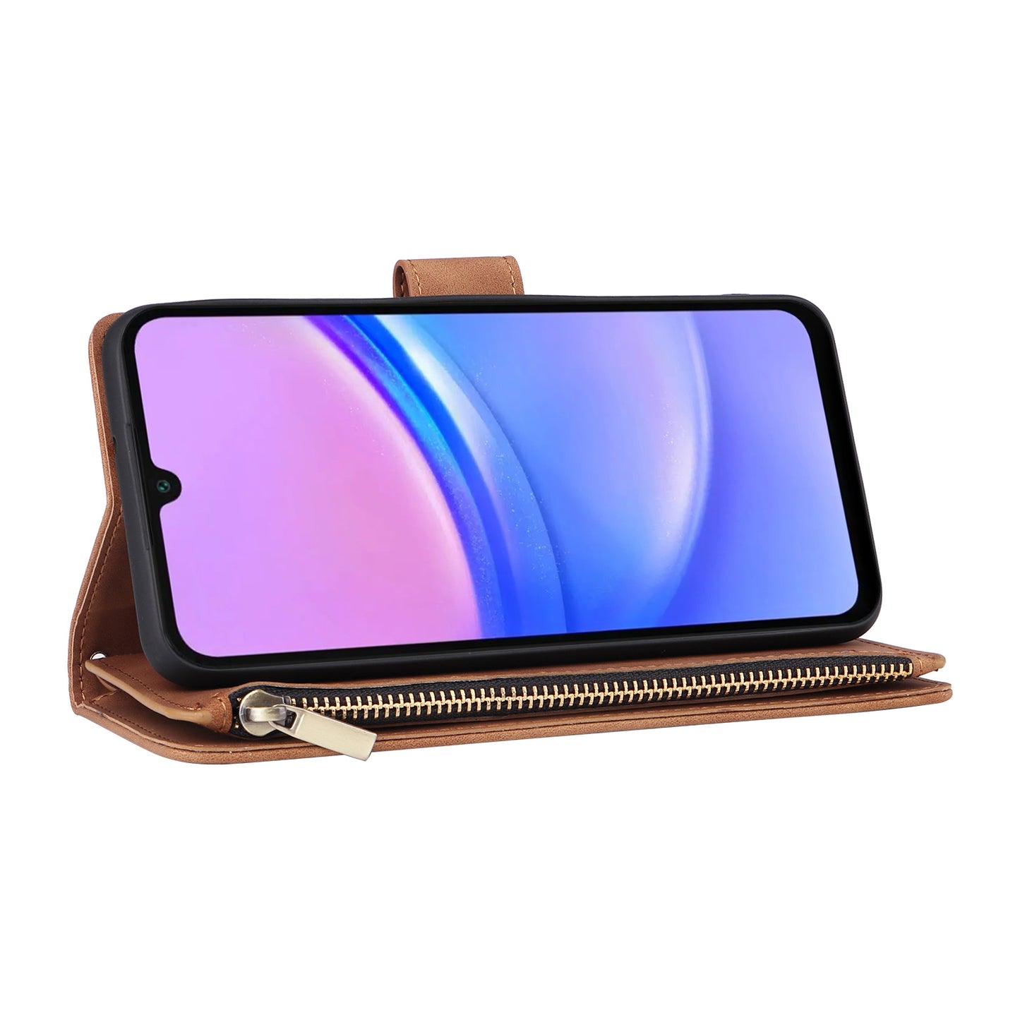 For Samsung Galaxy A16 5G / A16 4G Case Zipper Wallet Multiple Card Slots Leather Phone Cover - Brown