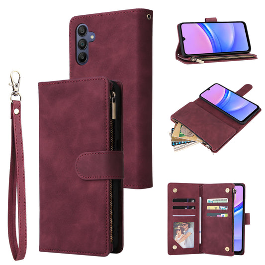 For Samsung Galaxy A16 5G / A16 4G Case Zipper Wallet Multiple Card Slots Leather Phone Cover - Wine Red